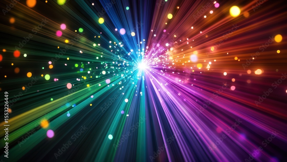 Fototapeta premium Radiant burst of colorful light rays and particles.