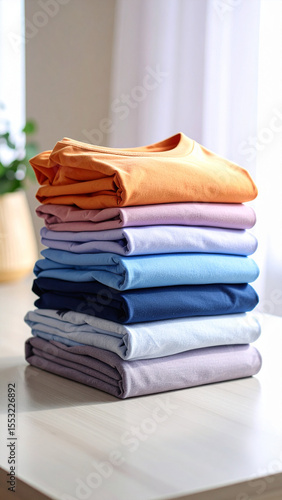 Stack of Folded Clothes: A neatly stacked pile of colorful folded clothes on a table in natural daylight. capturing the freshness of laundry and vibrant hues.