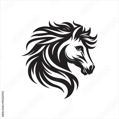 Elegant black and white illustration of a horse's head, showcasing its flowing mane.