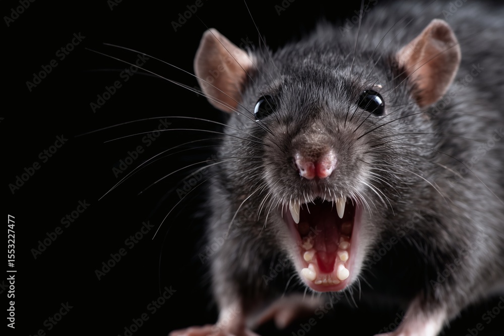 Angry aggressive rat showing teeth, Close-up rodent snarl, Concept for fear, danger or urban wildlife Angry aggressive rat showing teeth, Close-up rodent snarl, Concept for fear, danger or urban wildlife