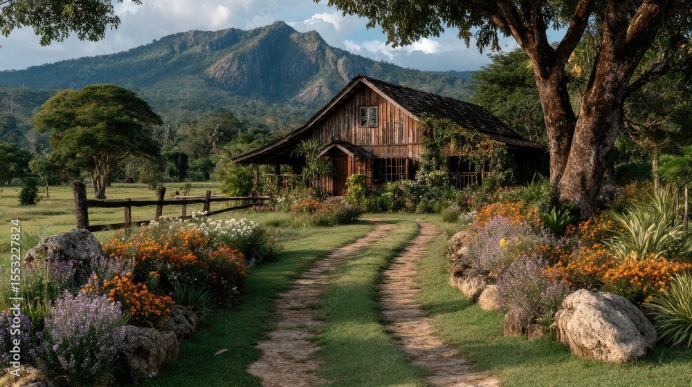 Scenic Rustic Hideaway: An inviting wooden cabin nestles amidst a vibrant garden and majestic mountains, beckoning one to experience the tranquility and charm of rural life. Scenic Rustic Hideaway: An inviting wooden cabin nestles amidst a vibrant garden and majestic mountains, beckoning one to experience the tranquility and charm of rural life.