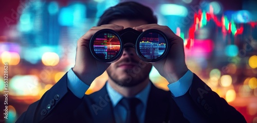 Businessman looking through binoculars at financial data.