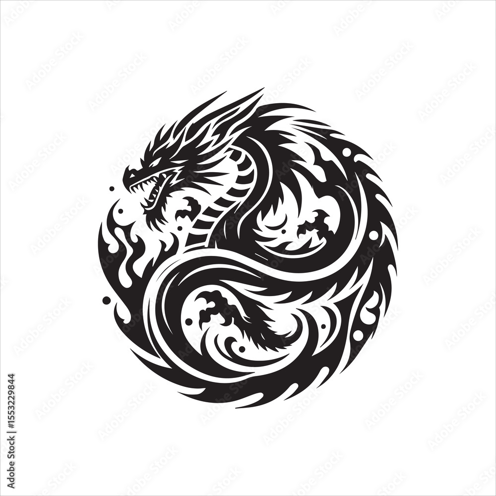 Obraz premium Stylized black dragon encircled by flames, within a circular tribal design.