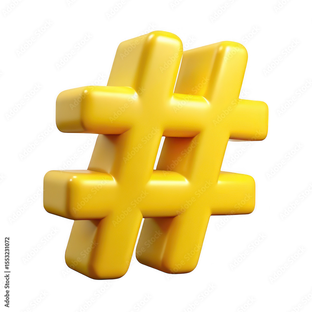 Fototapeta premium 3D Yellow rendered hashtag symbol on transparent background