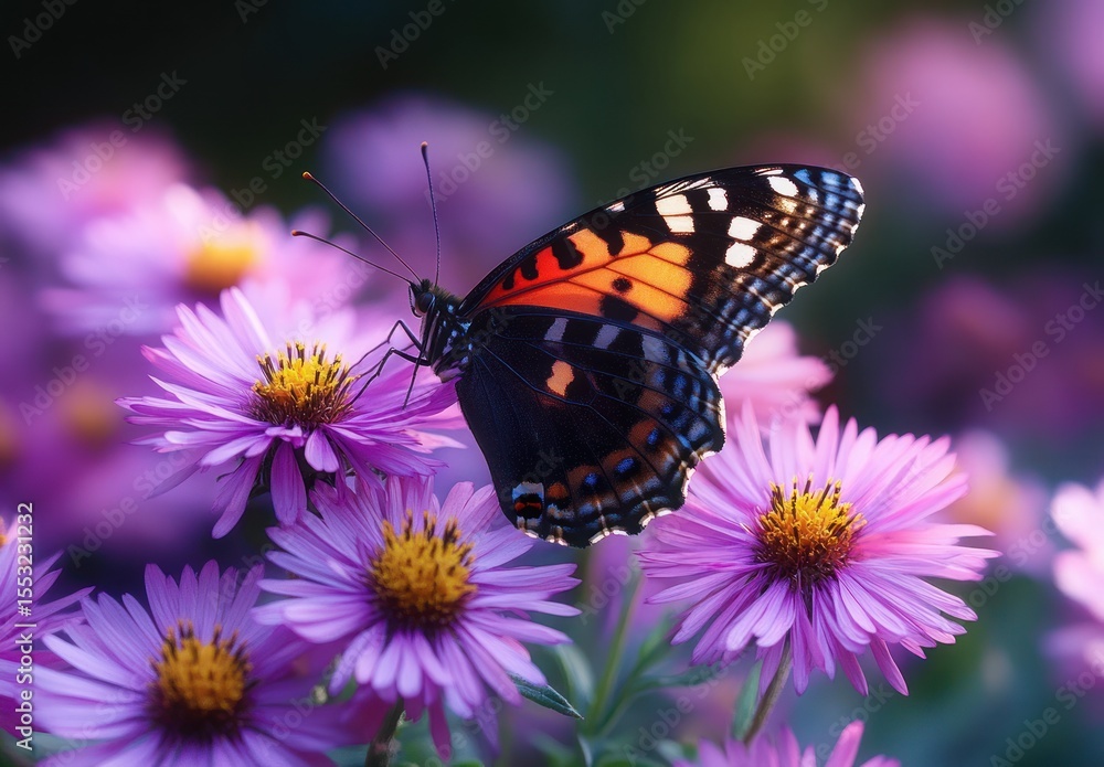 Fototapeta premium Vibrant butterfly with orange and black patterned wings perched on bright purple daisy flowers under soft natural light