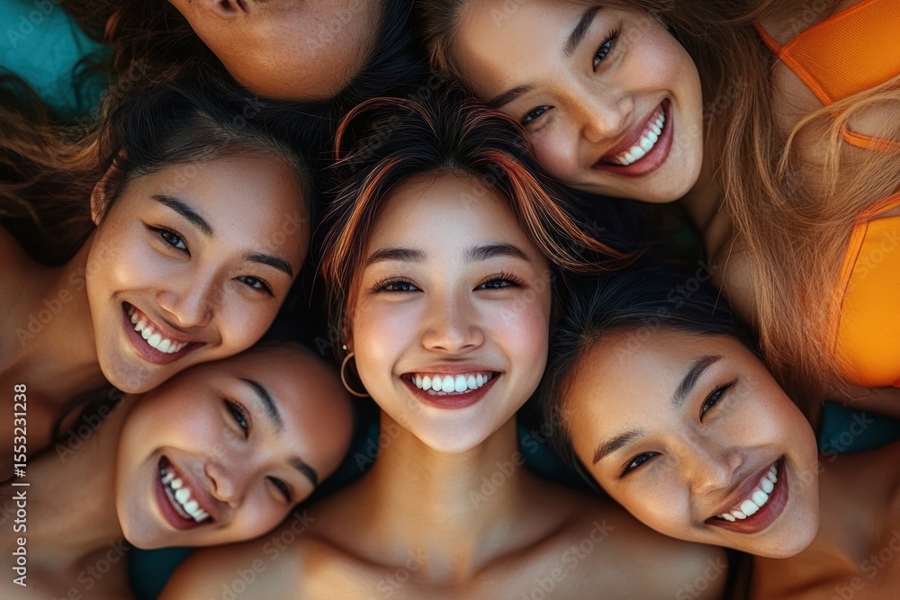 Fototapeta premium Smiling group of five young women lying close together looking up with joyful expressions