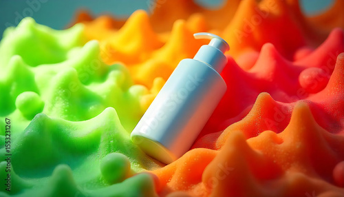 White Cosmetic Bottle on Abstract Colorful Foam