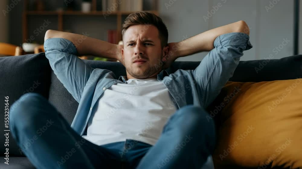 Relaxed man contemplating on couch in modern living room setting Relaxed man contemplating on couch in modern living room setting