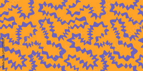 Seamless funky groovy abstract Halloween background. Unusual trendy modern psychedelic maze creative repeat pattern. Uneven hand drawn zigzag continuous distorted deformed endless line, wavy stripe.