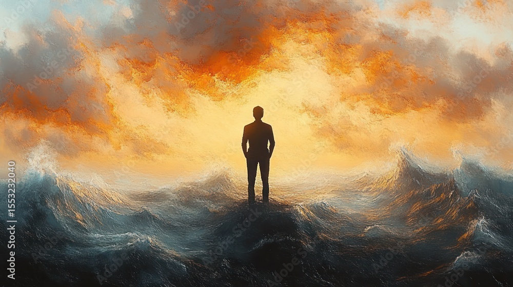 Silhouetted man standing alone on turbulent water under dramatic orange and gray stormy sky, evoking solitude and contemplation Silhouetted man standing alone on turbulent water under dramatic orange and gray stormy sky, evoking solitude and contemplation