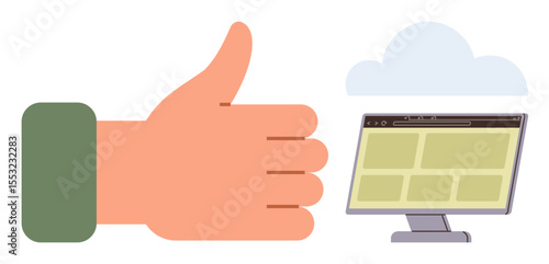 Large hand giving thumbs-up, positioned near desktop monitor with grid-designed web layout. Ideal for approval, internet use, feedback, web interface, communication, positivity, simple flat metaphor