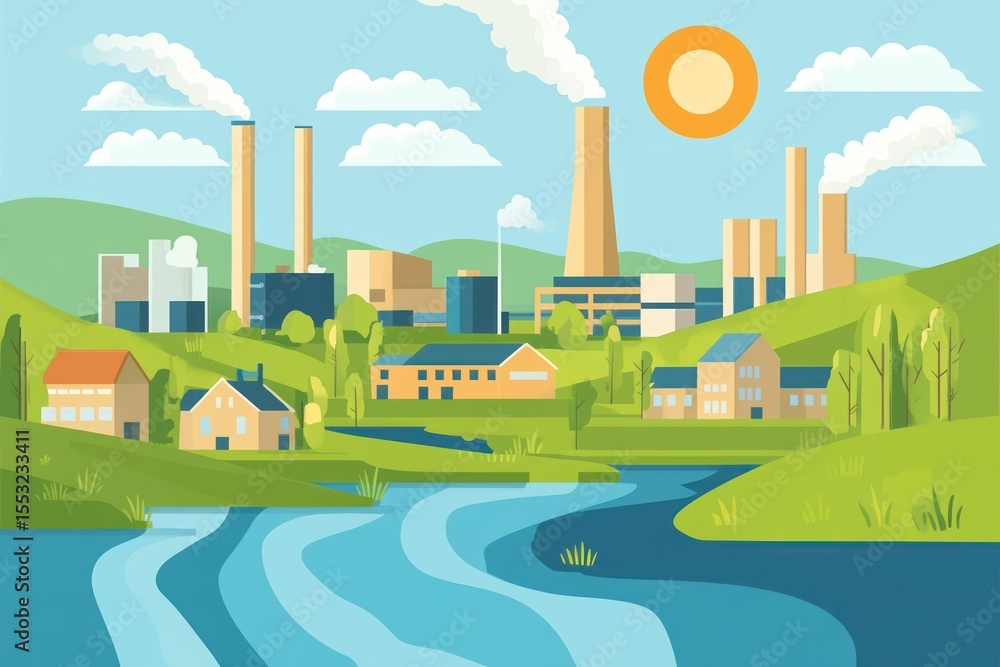 Fototapeta premium Industrial landscape with residential area by a river.