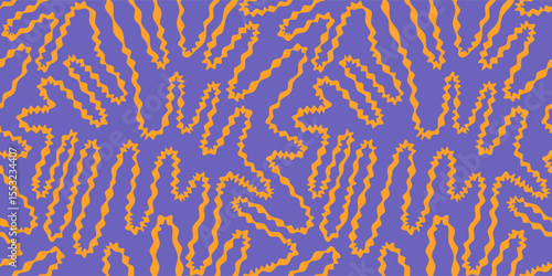 Seamless funky groovy abstract Halloween background. Unusual trendy modern psychedelic maze creative repeat pattern. Uneven hand drawn zigzag continuous distorted doodle endless line, wavy stripe.