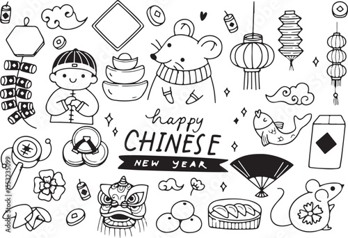 Chinese New Year vector, festival doodle icons, lunar celebration sketch, traditional elements, line art, Asian culture
