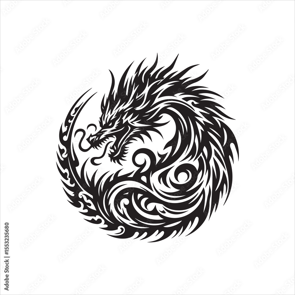 Fototapeta premium Stylized black and white dragon coiled in a circular design, fierce expression, intricate detailing.
