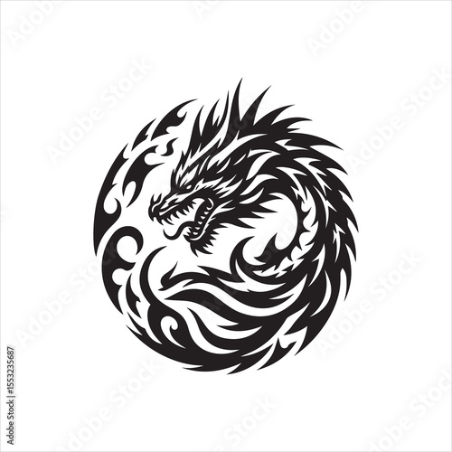 A stylized black and white dragon coiled within a circular design.