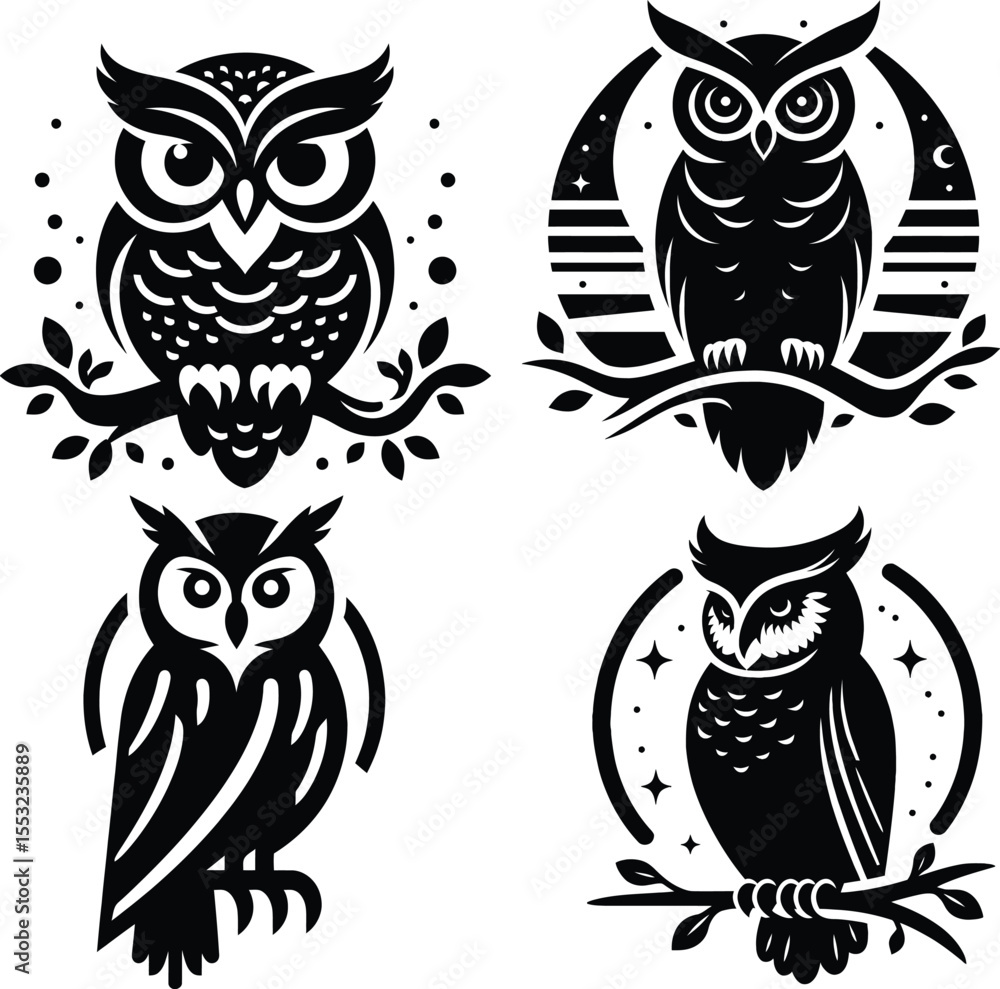 Fototapeta premium Four Unique Black and White Owl Illustrations