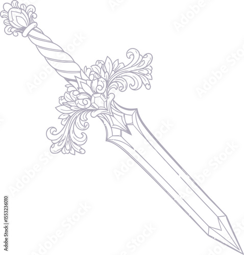 Iridescent ornamental sword with floral hilt and twisted grip on a white background illustration
