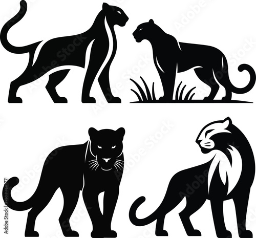 Collection of stylized black panther silhouettes in various poses