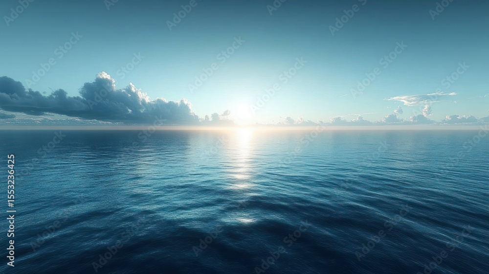 Obraz premium Calm ocean water under a clear sky at sunrise with scattered clouds on the horizon reflecting soft light on the rippling surface