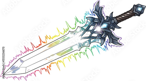 A fantasy sword with a silver blade and dark gray handle with rainbow energy emanating from the blade