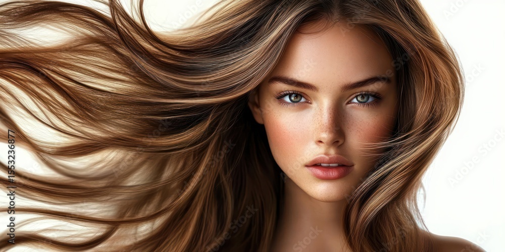 Obraz premium Close-up portrait of a young woman with long flowing light brown hair, clear skin, green eyes, and a neutral confident expression against a white background