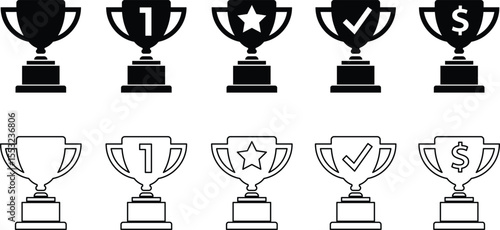 Vector illustration of trophies featuring various symbols denoting achievement and success for any project
