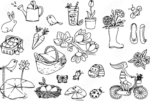 Gardening Tools Doodle Vector | Plant Pots, Leaves, Seeds, Watering Can, Shovel, Gloves