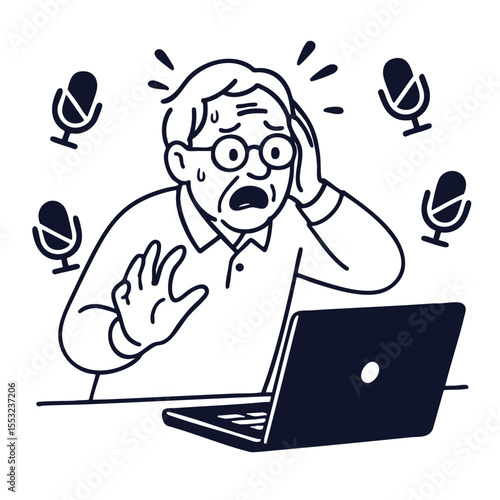 Elderly man looks shocked and worried while using laptop, surrounded by microphones