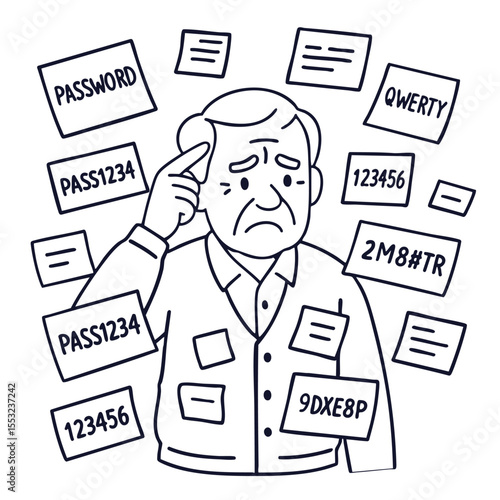 Confused man surrounded by sticky notes with various passwords and codes, illustrating password