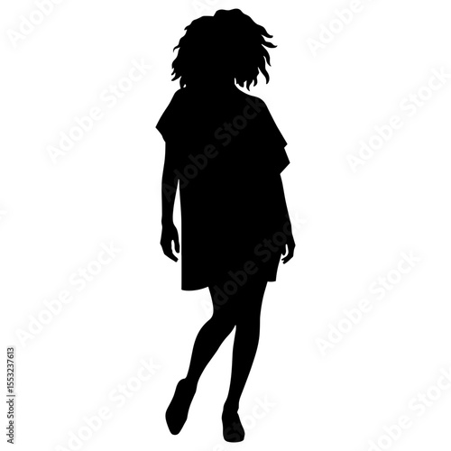Silhouette of woman with curls in loose tunic on white background, minimalist fashion