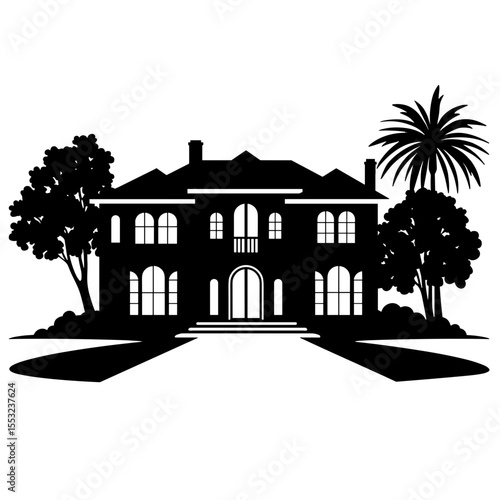 Silhouette of urban mansion with palm tree on white background, luxury real estate symbol