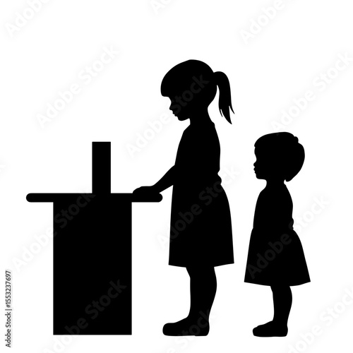 Silhouette of children interacting with smart speaker on white background, digital curiosity