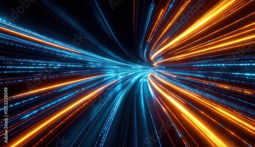 Dynamic glowing lines converge in a swirling tunnel effect.