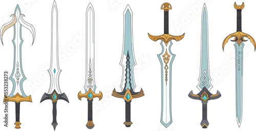 Illustration of seven fantasy swords with different designs and colors on a white background image art