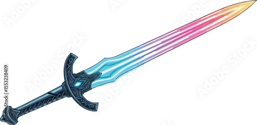 A fantasy sword with a dark hilt and a blade that fades from blue to pink to yellow on white background