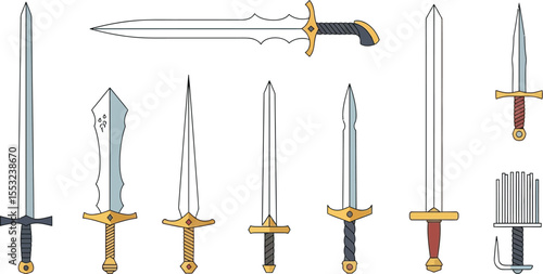 A collection of various cartoon swords with different hilt and blade designs on a white background