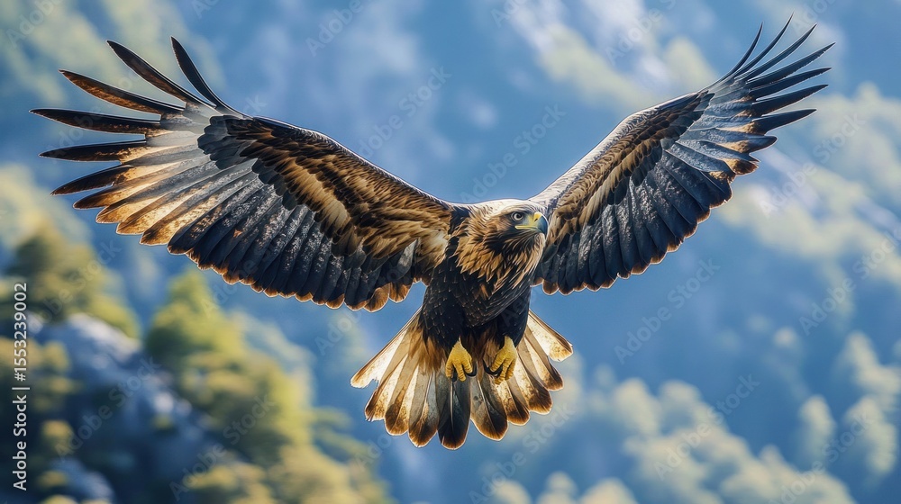 Fototapeta premium majestic eagle soaring in front of blurred forested mountains with wings fully spread showcasing detailed feathers and sharp gaze