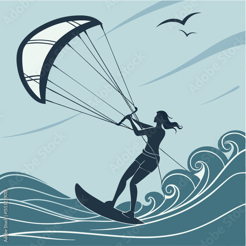 female kitesurfer surfing on sea black silhouette