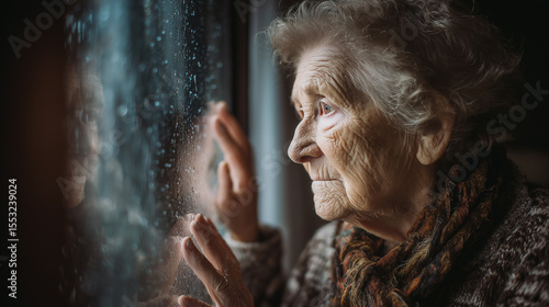 Elderly woman staring out window in nursing home