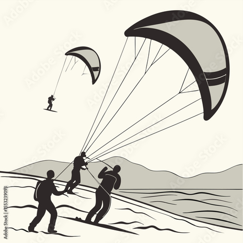 group of kitesurfers on windy beach black silhouette