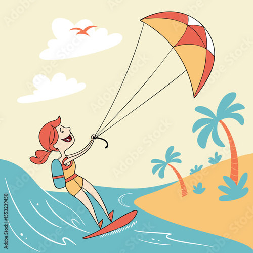 freedom in ocean with kiteboarding girl summer