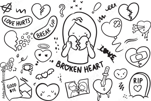 Broken Heart Doodle Illustration Set, Love and Sadness Sketch, Emotional Girl Vector, Romantic Rejection Clipart, Hand Drawn Art, Transparent Background