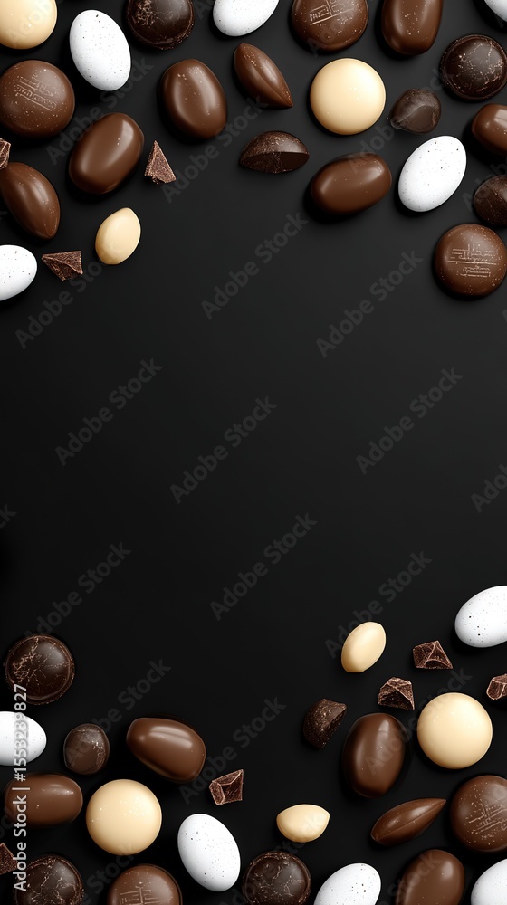 Fototapeta premium Chocolate Easter Eggs on Black Background Composition