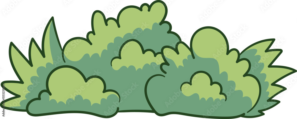 Fototapeta premium Cartoon leafy bush with pointed and round green leaves illustration