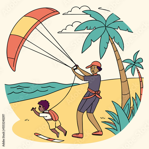 kitesurfing kid learning on beach with instructor