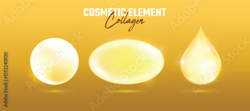 Golden collagen essence and oil drops set. Vector realistic skincare serum bubbles and capsules.