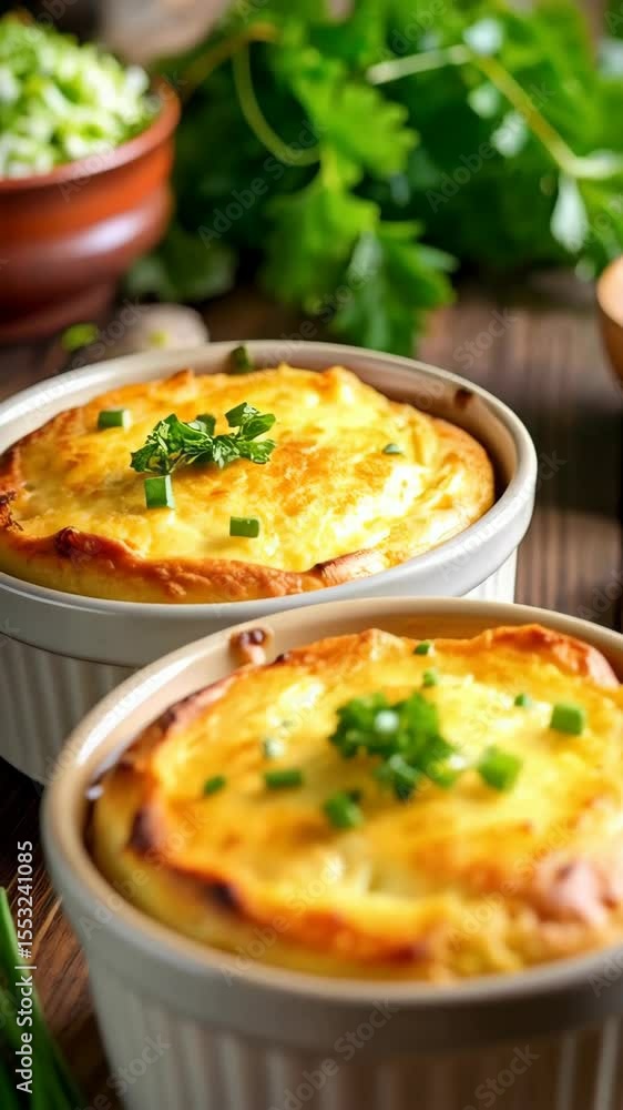 Close-up view of freshly baked cheese souffle in ramekins, garnished with fresh chives and parsley on a wooden table. Close-up view of freshly baked cheese souffle in ramekins, garnished with fresh chives and parsley on a wooden table.