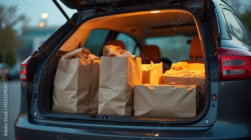 Paper bags of food and groceries are stacked in the trunk of the car. A black car in a station wagon with an open trunk containing many paper bags.