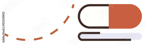 Capsule paired with an open book linked by dotted motion trail. Ideal for education, healthcare, pharmacy, science, innovation, learning, medical research. Minimal style simple flat metaphor